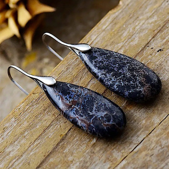 Handcrafted Imperial Black White Natural Stone Earrings Silver - Picture 2 of 2